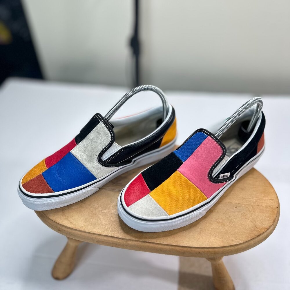Vans Classic Slip-On Multicolor Patchwork Leather Canvas Unisex Size 8.5/10
